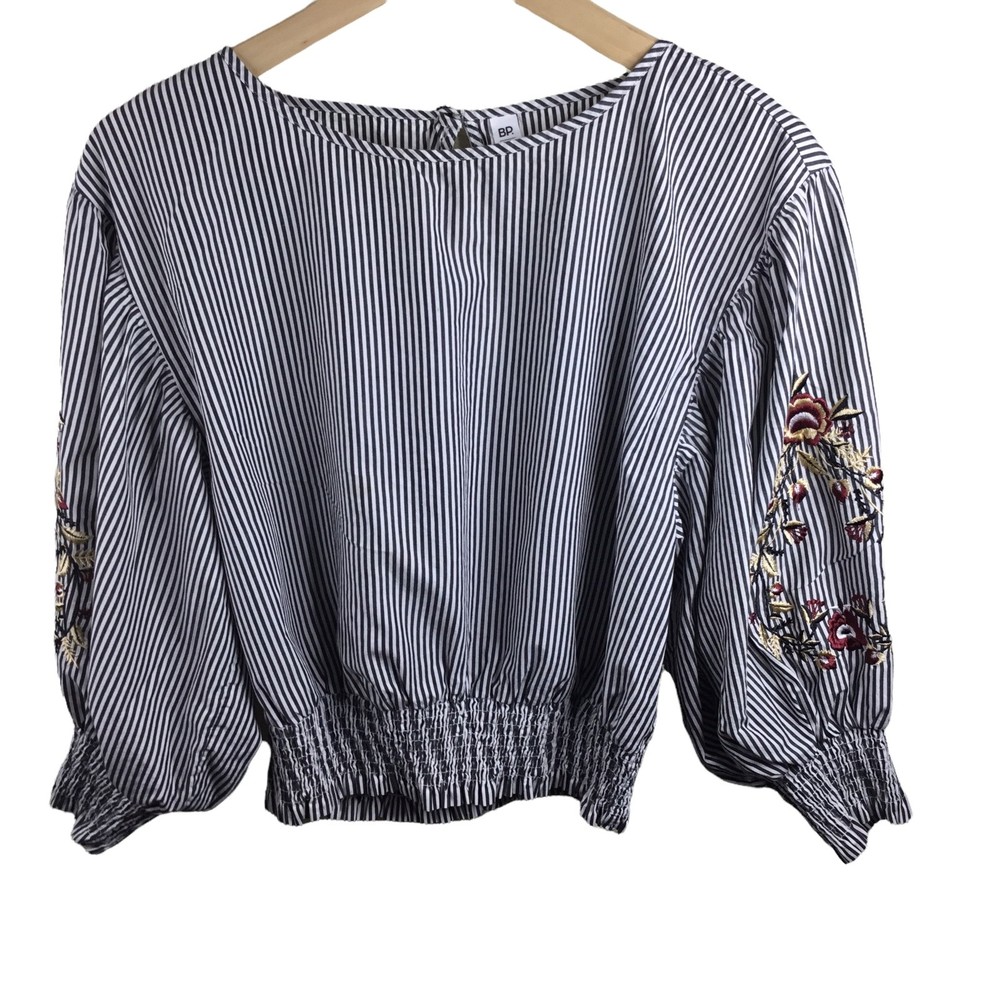 BP Women's Grey White Cotton Striped Embroidered Puff Sleeve Crop Blouse Size XS